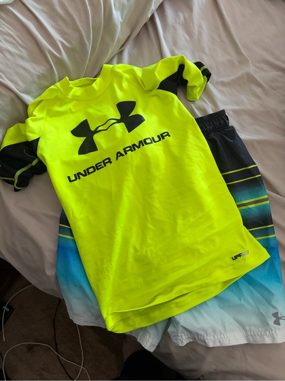 Under Armour High-Vis Neon Yellow Athletic Swim Shirt and swim shorts